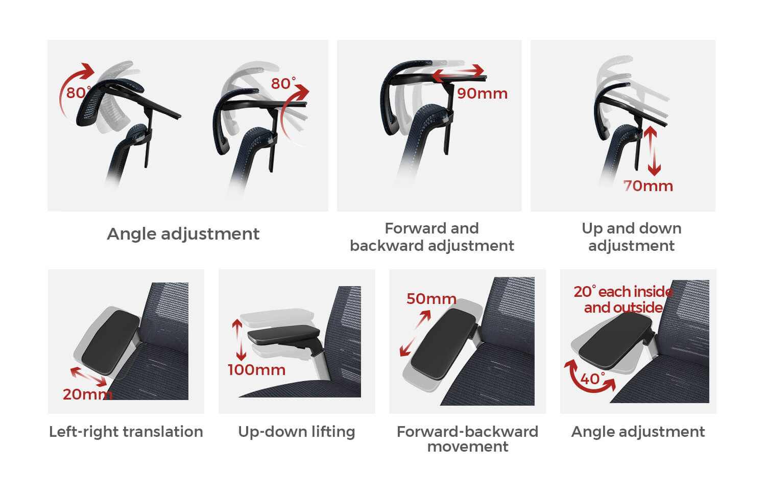 Headrest and armrest adjustment
