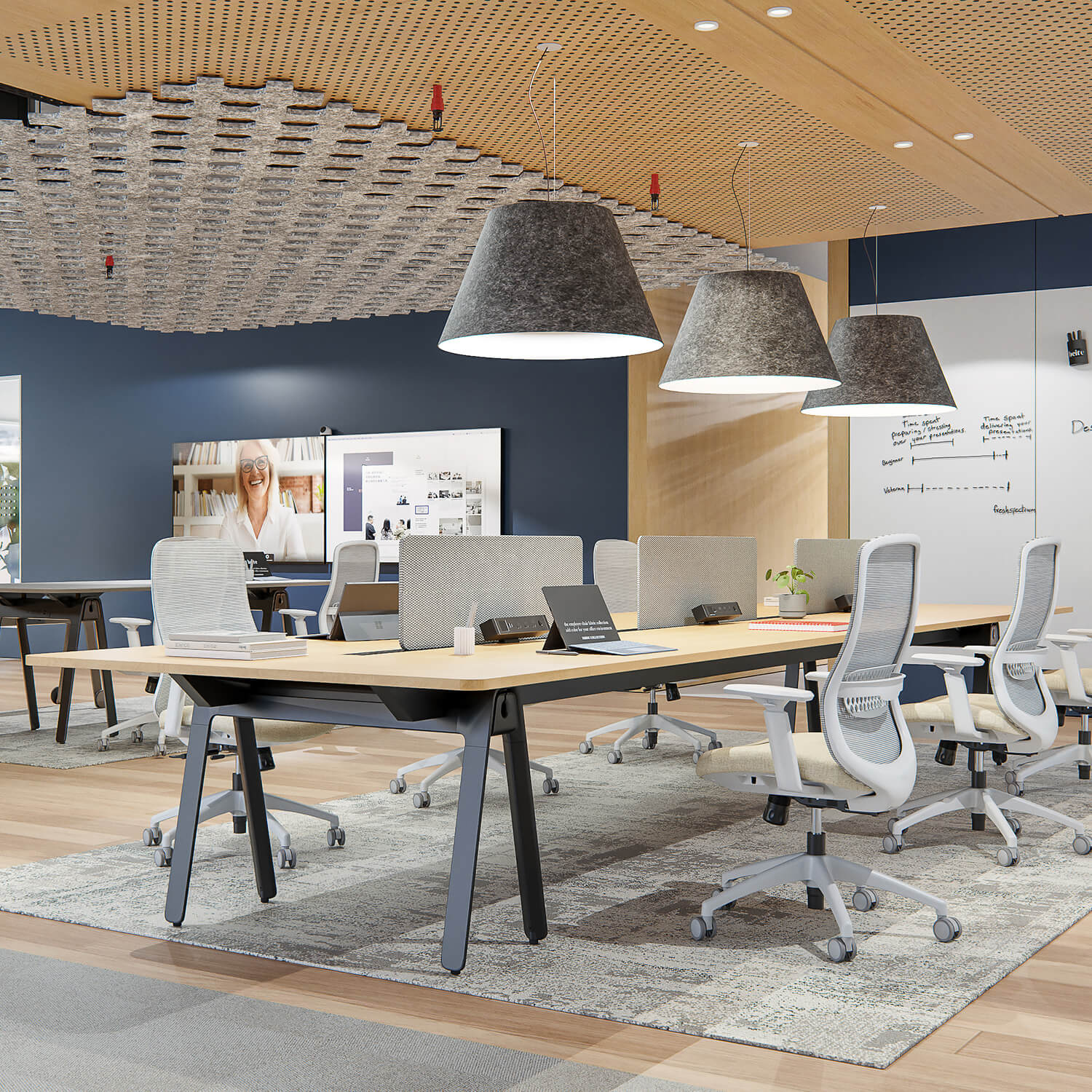 Architectural 6-Person Workstation With Privacy Screens Power Hubs