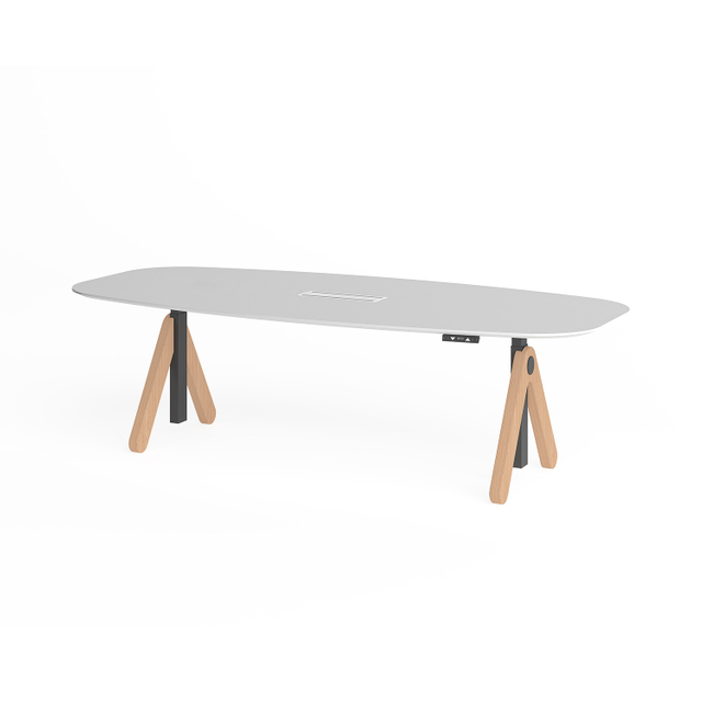Minimalist Electric Height Adjustable Conference Table, V-Shaped Wooden Leg Sit Stand Meeting Desk for Office Boardroom