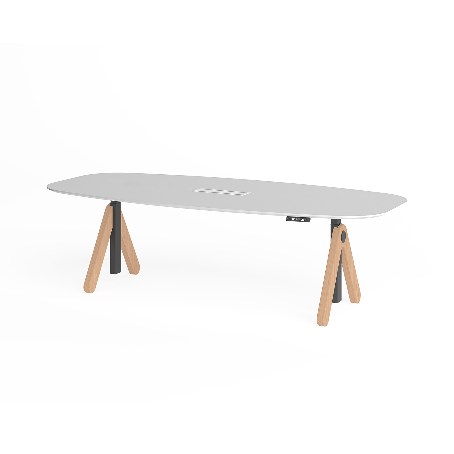 Minimalist Electric Height Adjustable Conference Table, V-Shaped Wooden Leg Sit Stand Meeting Desk for Office Boardroom