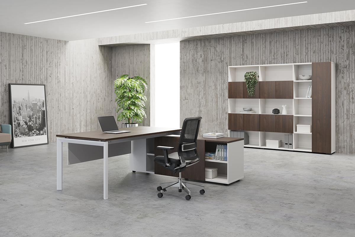 Six-person staff workstation with privacy screens and power hubs