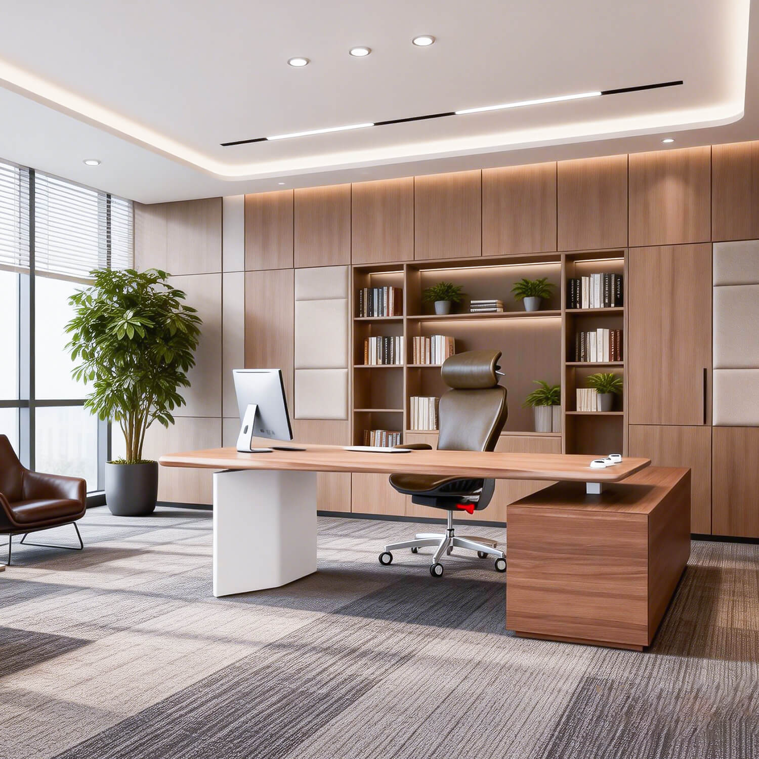 Modern Lacquer Executive Desk with Lacquered MDF Frame, Optional Height Adjustable Manager Office Desk with Side Cabinet
