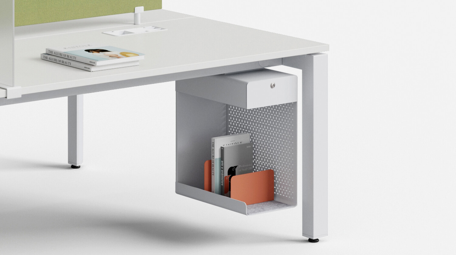 SpaceUnited hanging drawer and open steel cabinet shown below one side of a white workstation