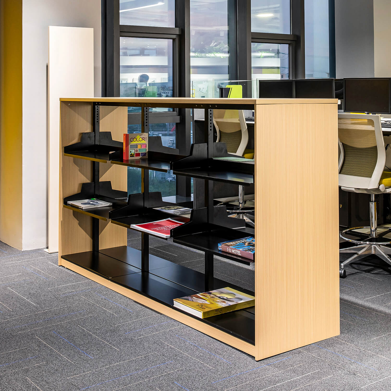 Sleek Symmetrical MFC Bookcase With Integrated Metal Supports