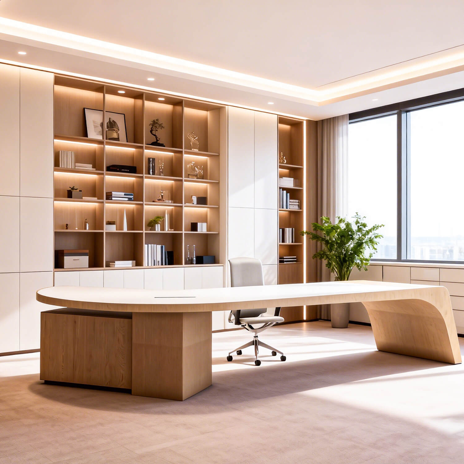 Modern Curved Luxury Executive Boss Desk, Large L-Shaped CEO Office Worktable with Side Storage Cabinet for Director Office
