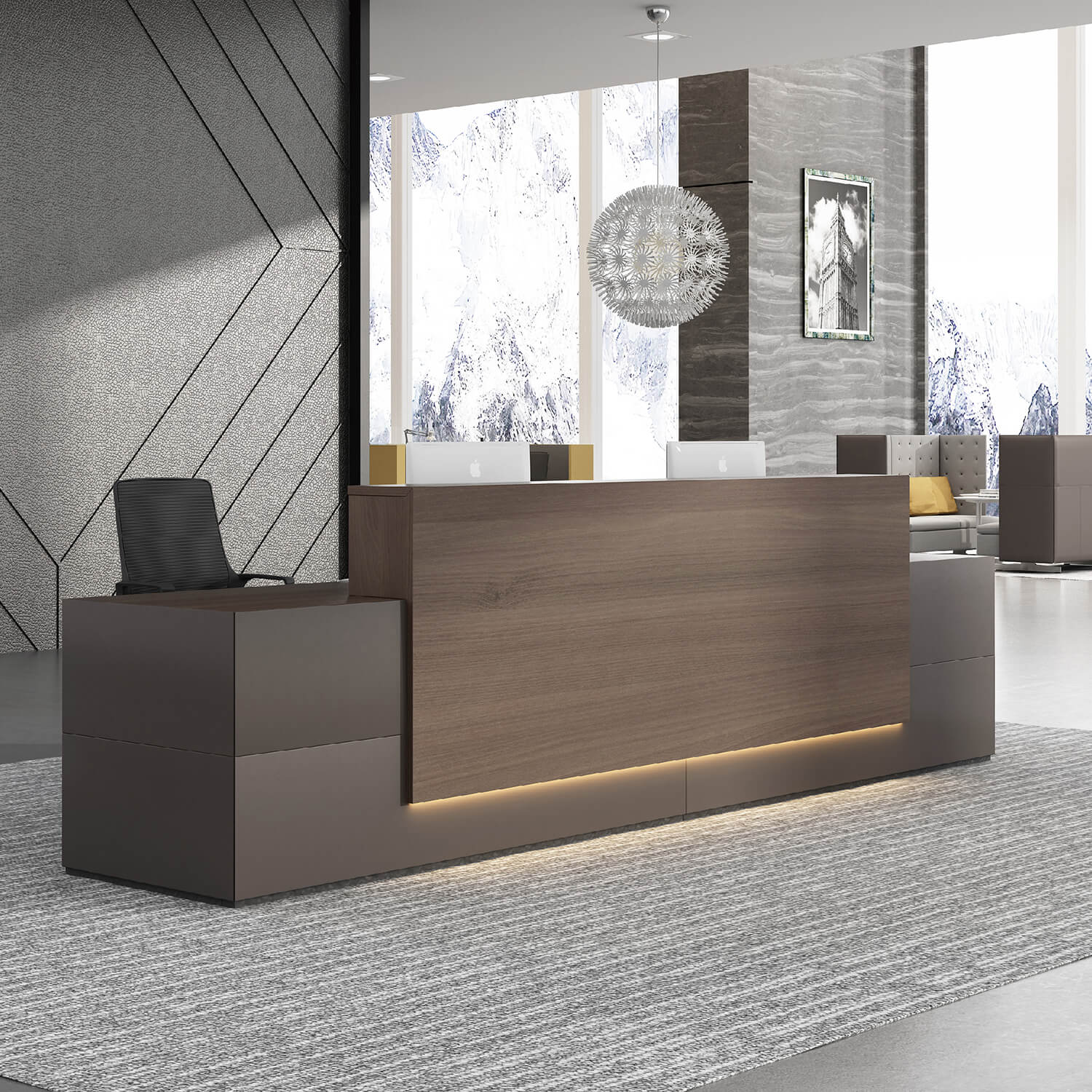 Dark Wood Grain Office Reception Desk with Counter Storage