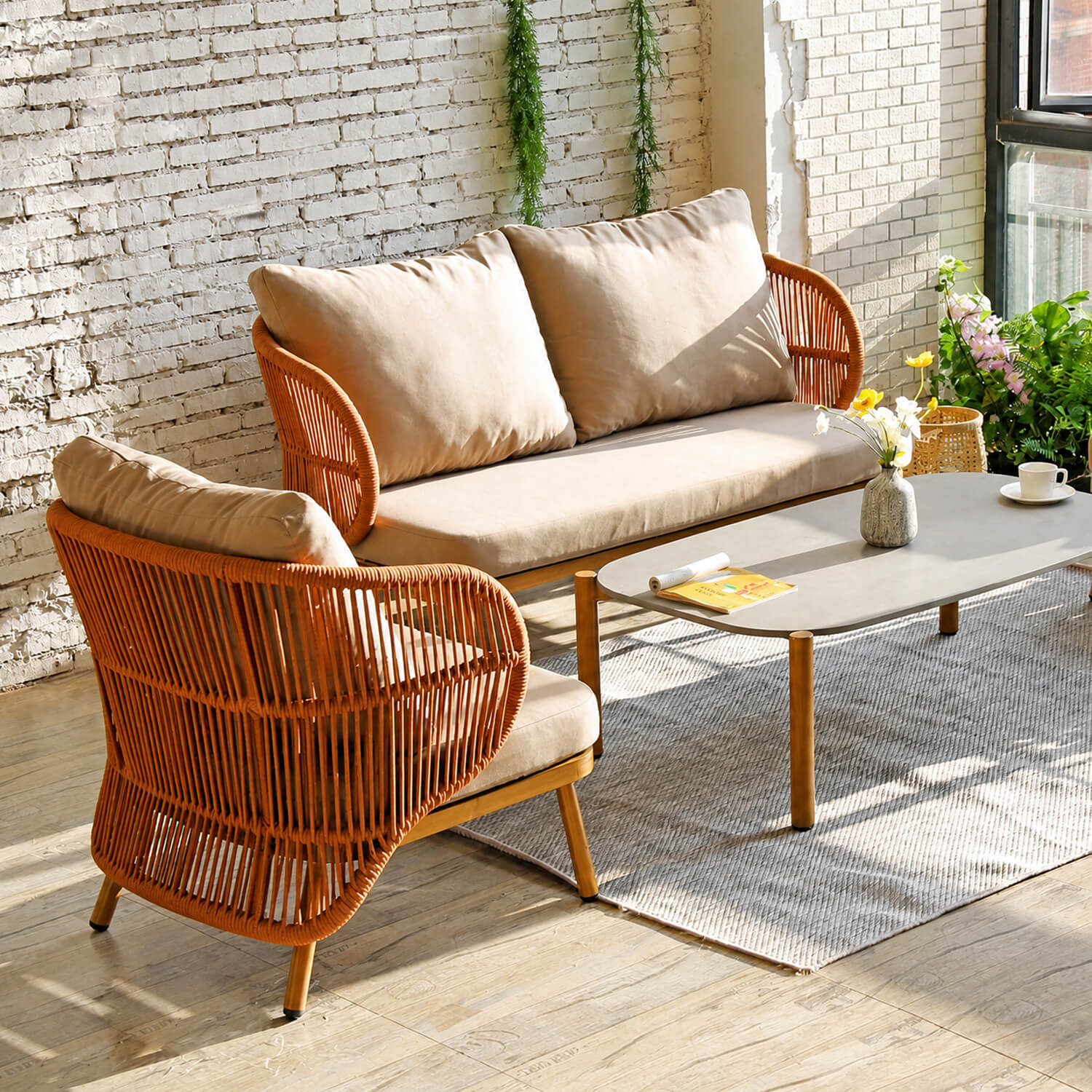 Outdoor Woven Sofa Set with Loveseat & Armchair