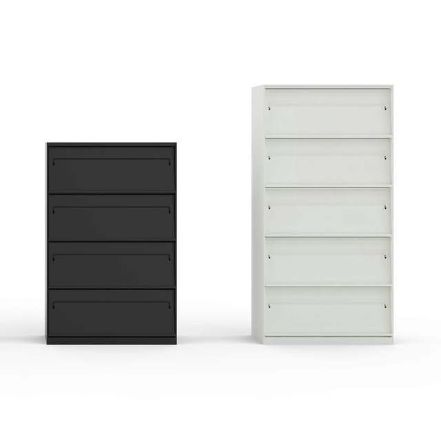 Versatile Steel Bookcase and Slanted Magazine Display Cabinet
